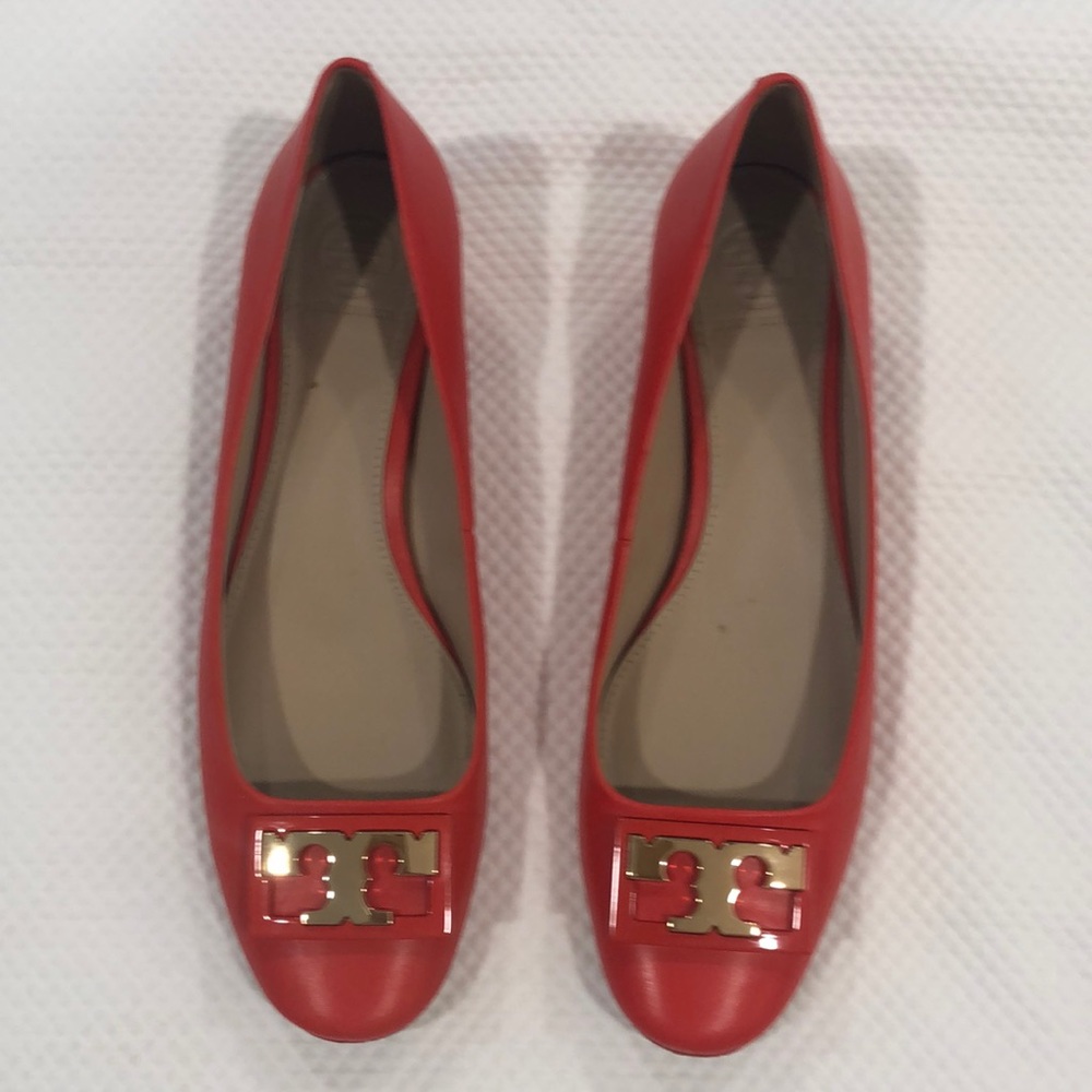 Tory Burch Red Leather Logo Ballet Flats
